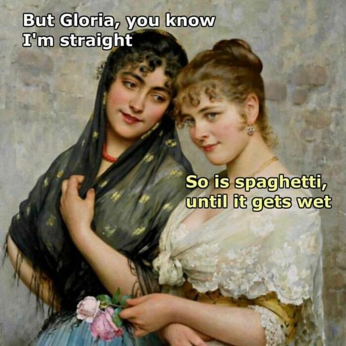 Two women sharing a humorous joke about being straight, illustrated in a vintage painting style.