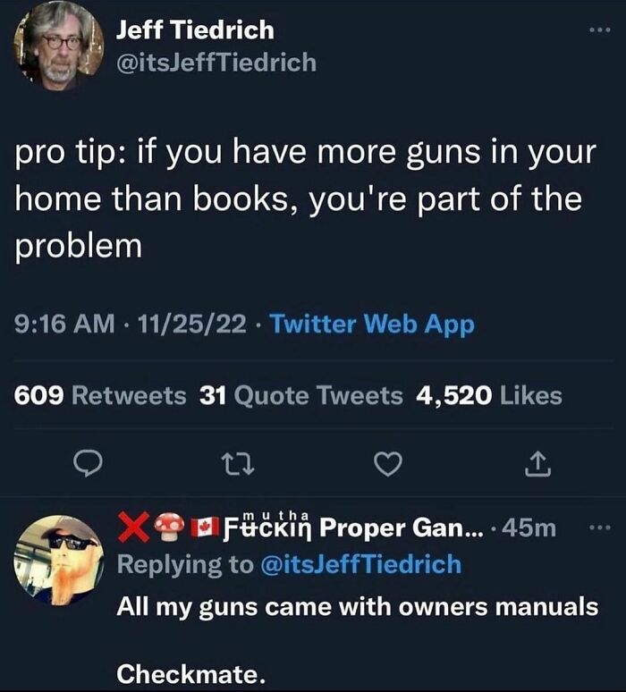Funny meme about life: witty exchange on Twitter discussing guns versus books, highlighting humor in everyday situations.
