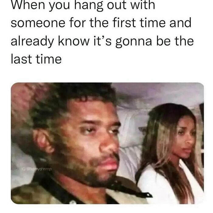 A humorous meme with two people looking bored, capturing an awkward first and last hangout scenario.