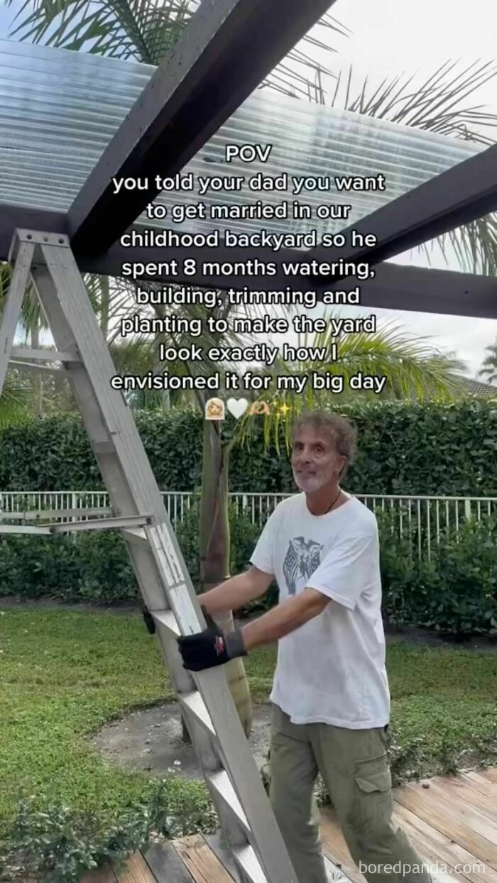 Dad building in the backyard for a wedding, showing classic dad moves with dedication and effort.
