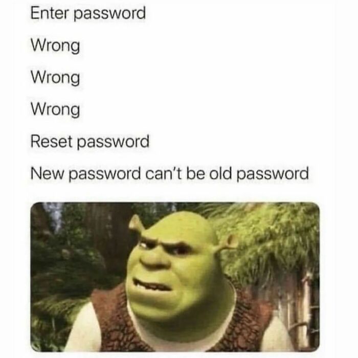 Shrek meme about password frustration, highlighting humorous and relatable tech issues.