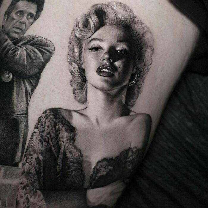 Pop culture tattoo featuring iconic Hollywood figures in black and gray realism.