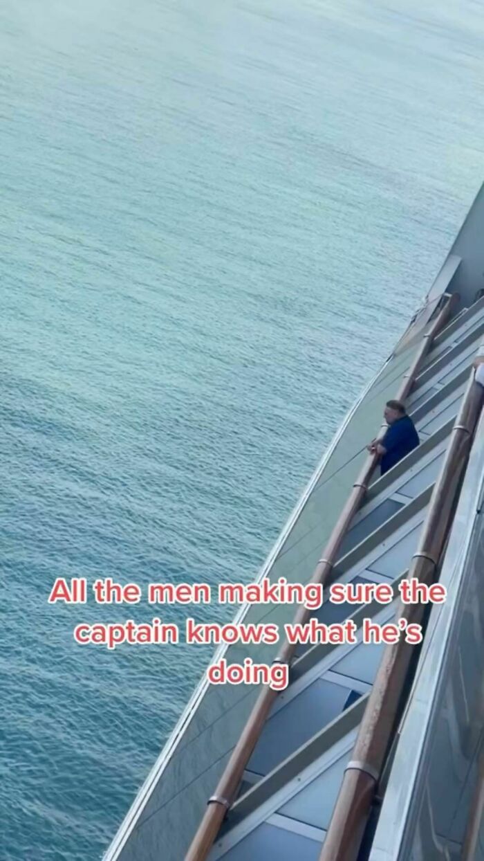 Man on ship deck looking out to sea, embodying classic dad moves with humorous text overlay.