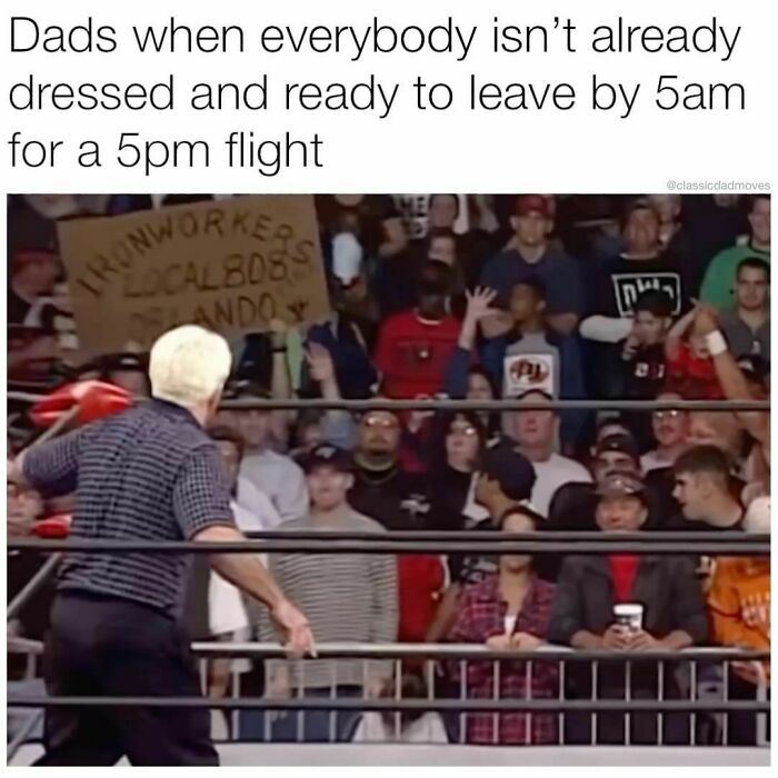 Wrestling scene with dad standing in the ring, inner dad brain humor captioned above a crowd cheering.