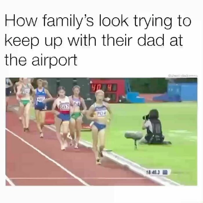Runners mimicking family trying to keep up with classic dad moves at the airport.
