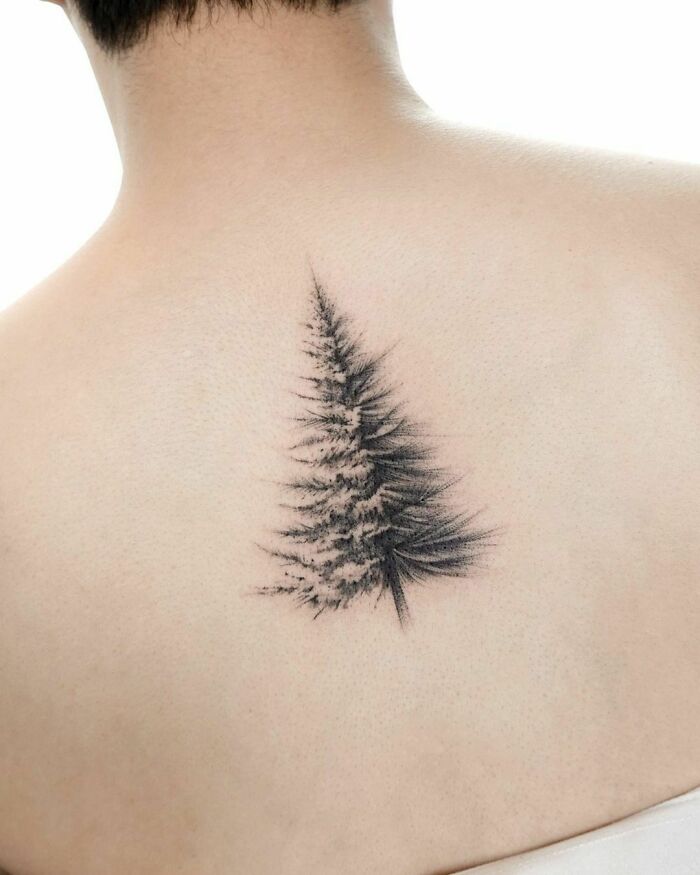 Tattoo of a majestic tree on a person's back, showcasing nature's wonders with intricate details.