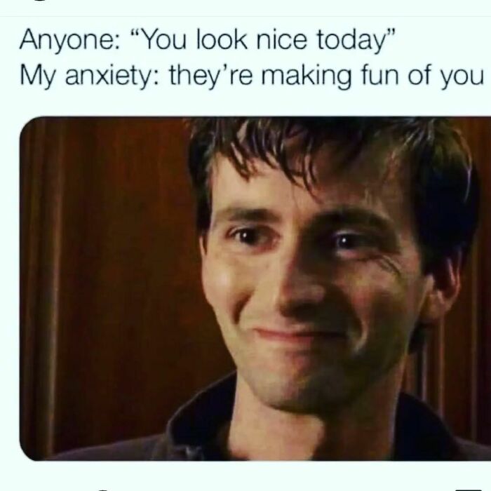 Person smiling awkwardly, with a meme caption about anxiety, from popular Instagram meme pages.