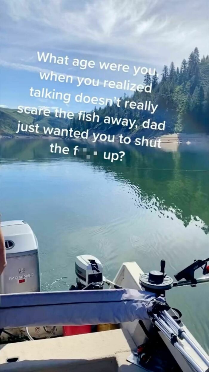 Boat on a lake with text questioning a classic dad move about talking scaring fish away.