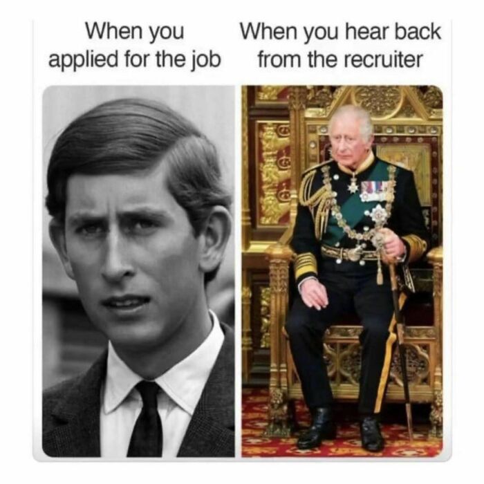 Two-panel meme comparing a young man's job application to his older, regal, successful self, invoking humor.