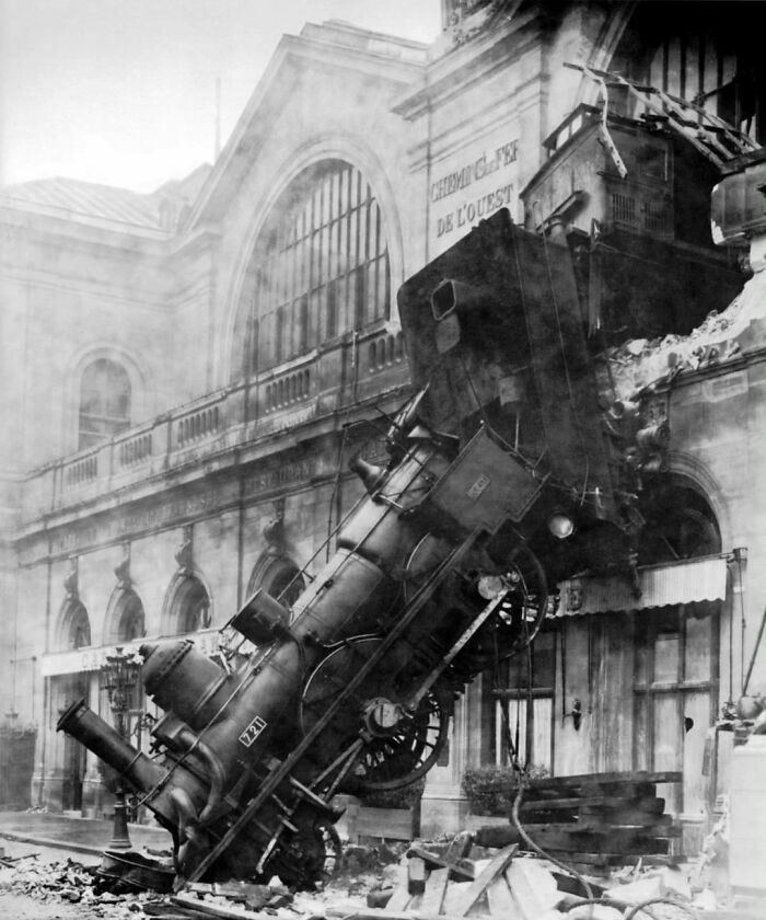 The 1895 Train Crash At Montparnasse Station Is One Of The Most Famous And Reprinted Images Of A Train Accident. Location: Paris