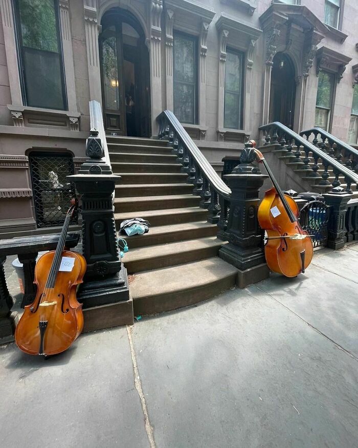 Two discarded cellos leaning against stoop railings in NYC, real treasures thrown out on a city sidewalk.