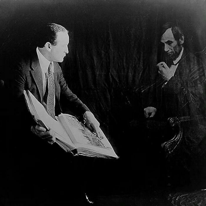 Harry Houdini Demonstrates Photo Manipulation By Taking A "Spirit Photograph" With Abraham Lincoln, 1920s
