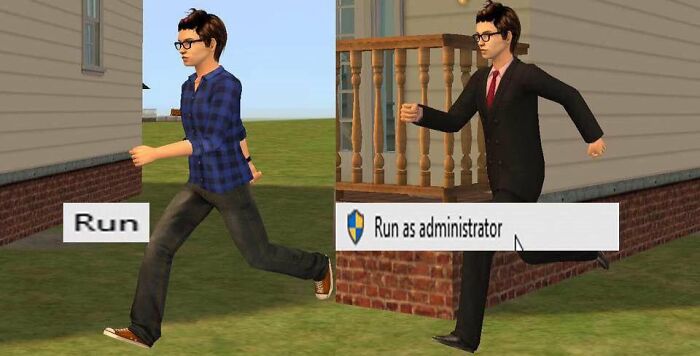 Two virtual characters running outdoors, one casually and one formally, illustrating a popular science meme concept.