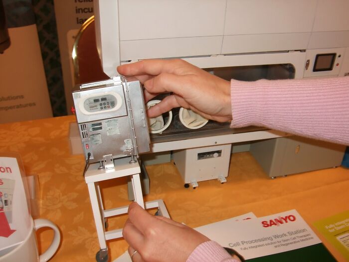 This Tiny Cell Incubator And Cell Processing Station Model. The Real Dimensions Are Room-Size. My Hands As Scale Bar