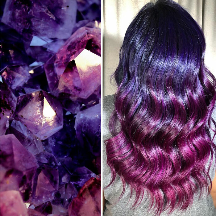 Vibrant purple and magenta wavy hair design inspired by amethyst crystals by Kansas-based hairstylist Ursula Goff.