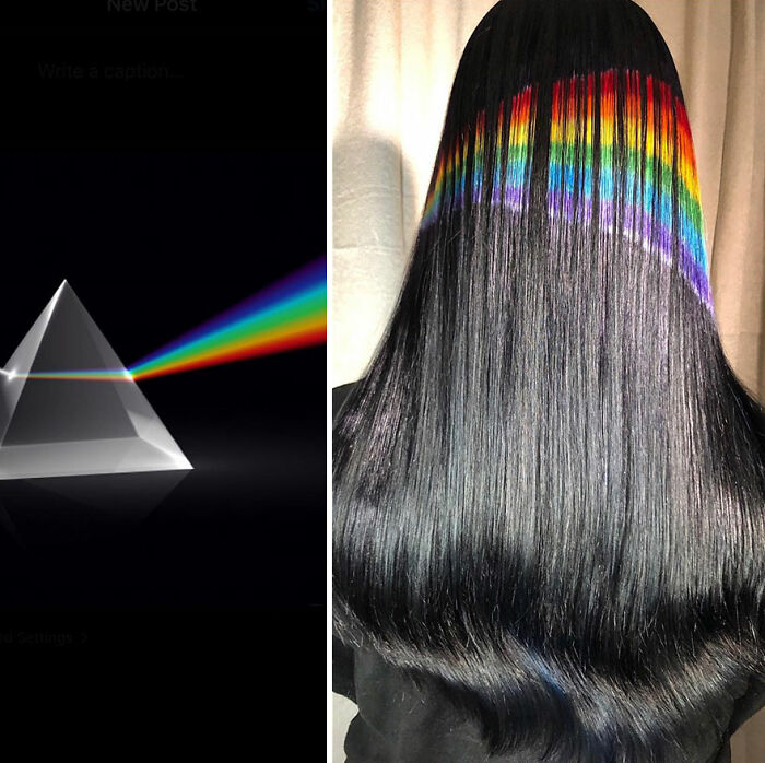 Rainbow hair design on sleek black hair by Kansas-based hairstylist showcasing vibrant new hair designs and color trends.