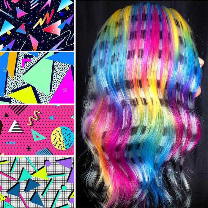 Vibrant rainbow hair design inspired by geometric 80s patterns, showcasing creative hair designs by Kansas-based hairstylist Ursula Goff.