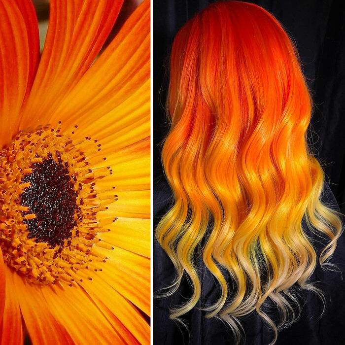Vibrant orange to blonde wavy hair design inspired by a sunflower, styled by Kansas-based hairstylist Ursula Goff.