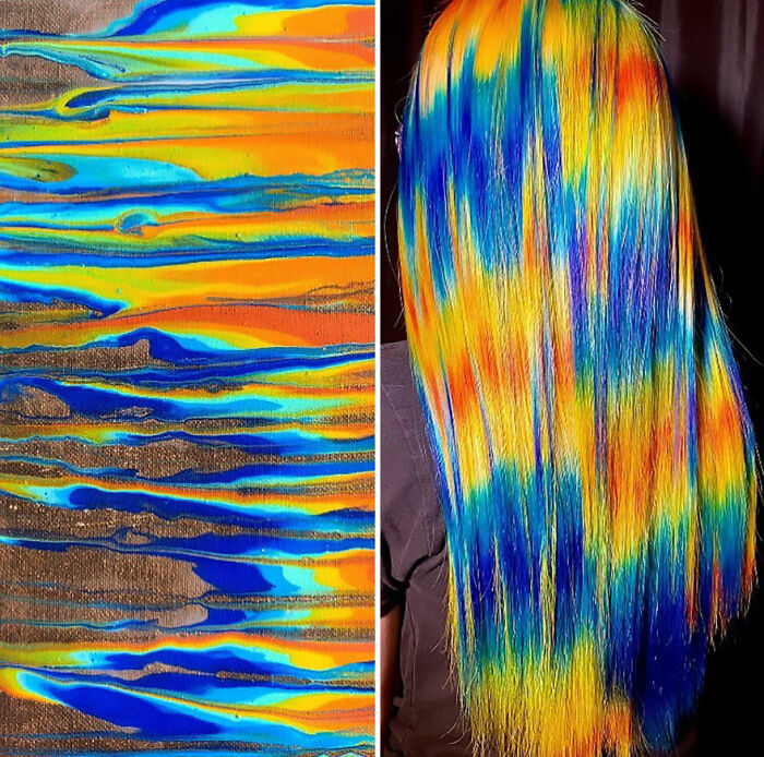 Vibrant hair design inspired by abstract painting featuring bright blue, yellow, orange, and green hues by Kansas hairstylist.