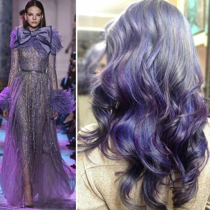 Model in a purple feathered gown and close-up of vibrant wavy purple hair, showcasing new hair designs by Kansas-based hairstylist