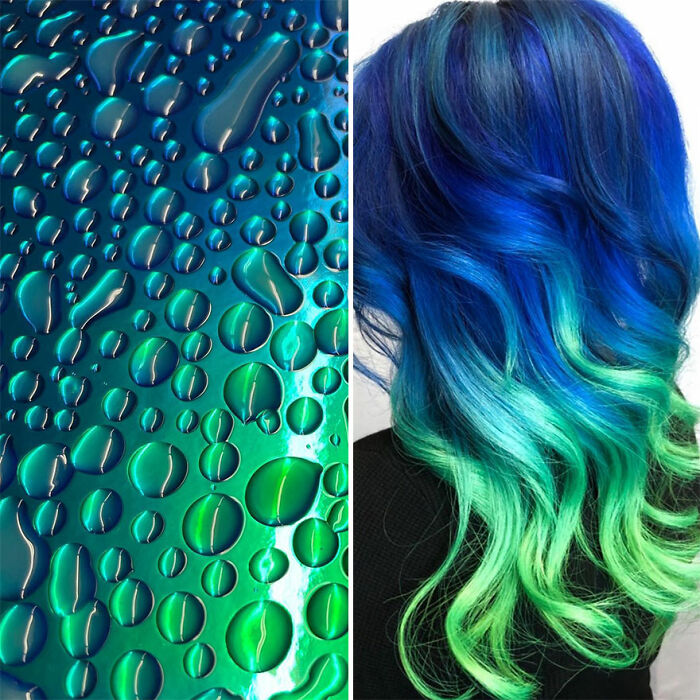 Blue and green ombre hair design by Kansas hairstylist Ursula Goff showcasing vibrant new hair color trends.