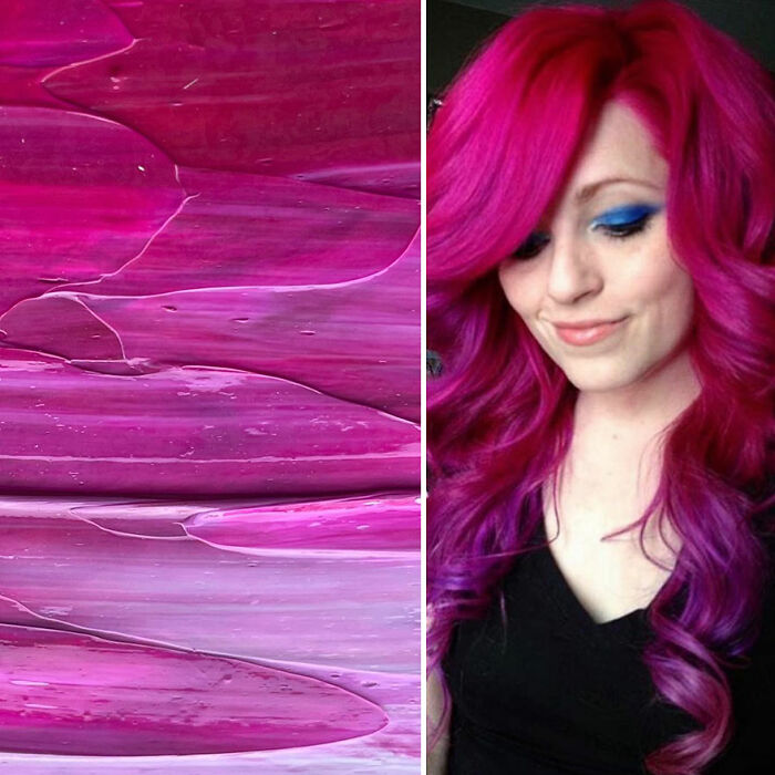 Vibrant pink and purple hair design by Kansas-based hairstylist Ursula Goff with soft curls and bold color.
