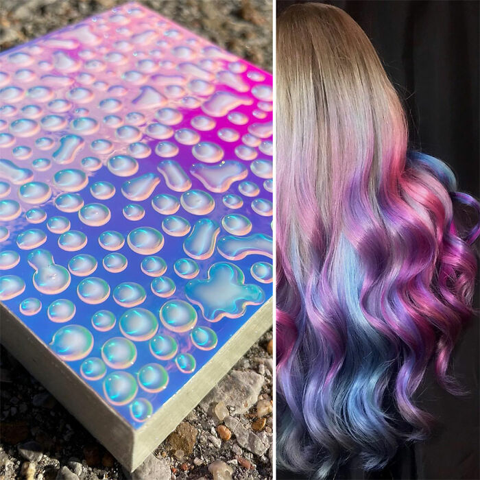 Vibrant pastel hair designs by Kansas-based hairstylist Ursula Goff showcasing blended pink, purple, and blue curls.