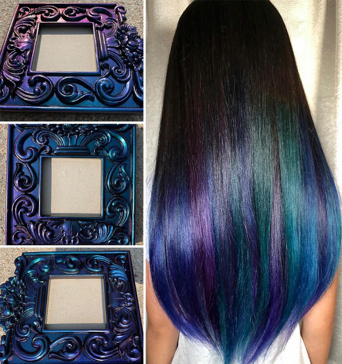 Ombre hair design with blue, purple, and green shades showcasing new hair designs by Kansas hairstylist Ursula Goff