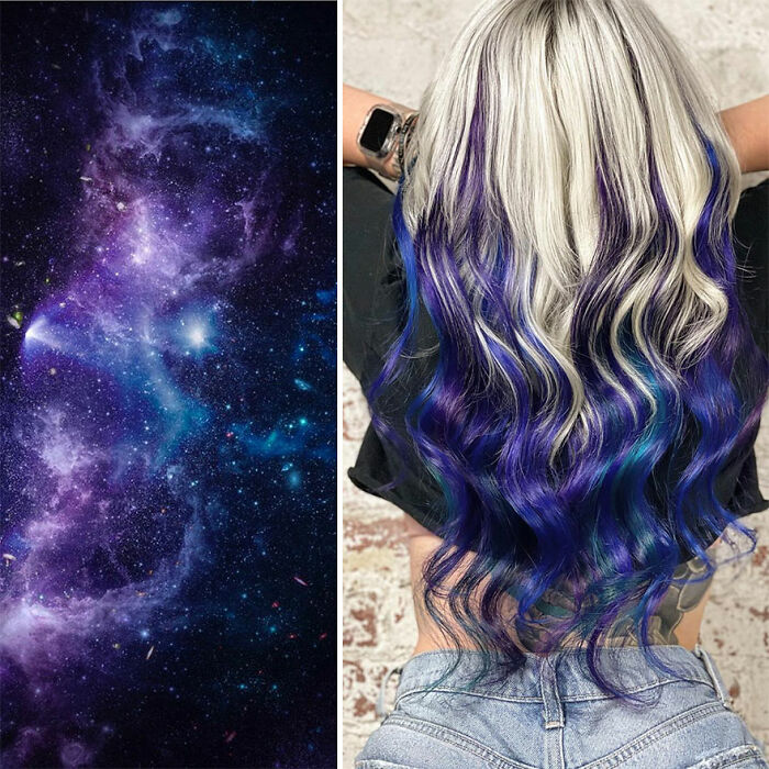 Blonde hair with wavy blue and purple ombre, styled by Kansas-based hairstylist Ursula Goff in a creative hair design.