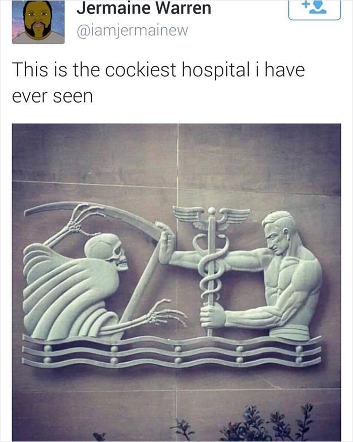 Funny meme depicting a hospital logo with Grim Reaper and muscular figure in a humorous pose shared by Meme Lord.