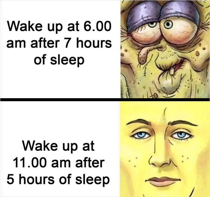 Hilarious meme comparing waking up at 6 am and 11 am shared by "Meme Lord" Instagram account.