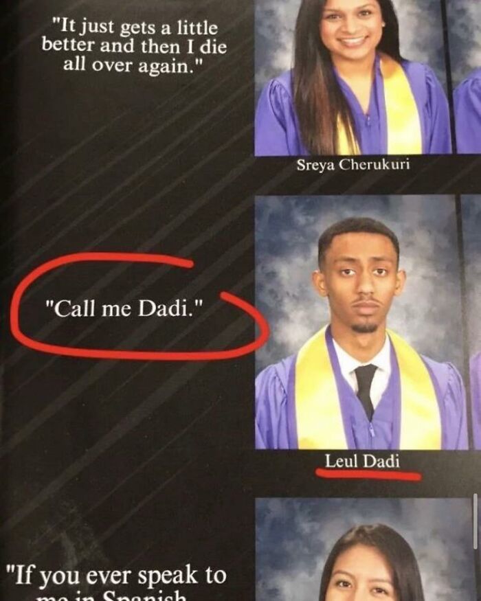 Graduation yearbook photo with a funny quote circled, shared by the "Meme Lord" Instagram account for laughs.