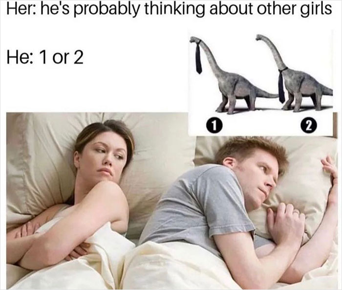 Couple in bed, she looks annoyed. He's pondering dinosaurs wearing ties. Hilarious meme from "Meme Lord" Instagram account.