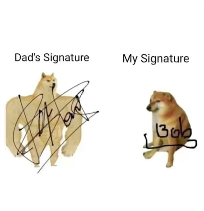 Meme of two dogs, one representing a dad’s neat signature and the other a messy one, shared by "Meme Lord" on Instagram.
