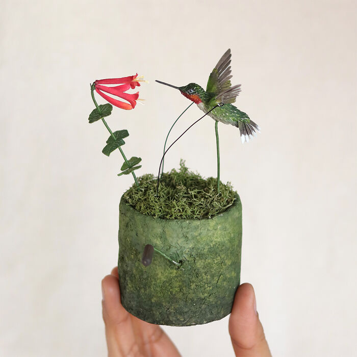 Coral Dreams: My Miniature Paper Automata Sculpture Of A Flying Ruby-Throated Hummingbird (4 Pics)