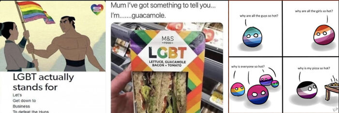 Pride Month memes collage with humorous references to LGBT and rainbow themes.