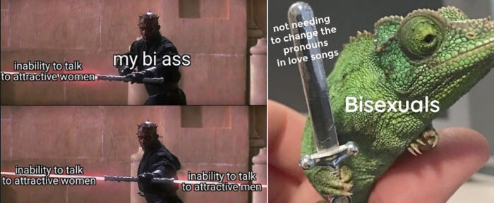 Pride month meme with humorous text about bisexuals' dating struggles and pronouns in songs.