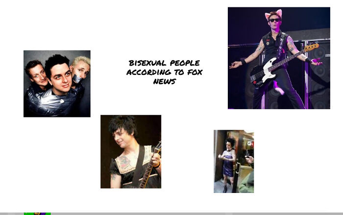 Bisexual people news meme with various musicians and entertainers in different outfits, celebrating Pride Month.