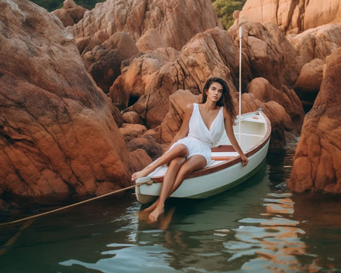 Woman in white dress sitting on a small boat amid rocks, illustrating an AI art fail.