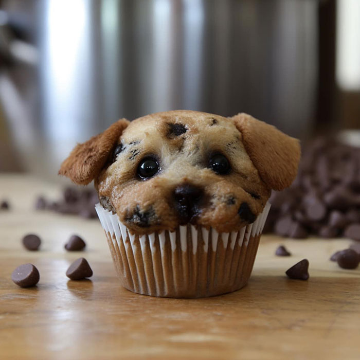 AI art fail: A muffin resembling a puppy with chocolate chips, creating a funny visual on a wooden table.