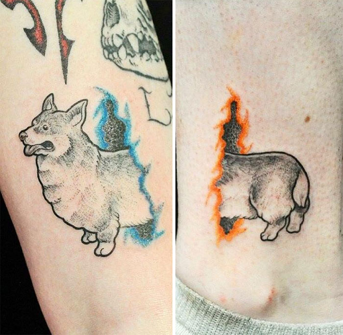 Unusual ankle tattoos with corgi designs, featuring blue and orange flames on skin.