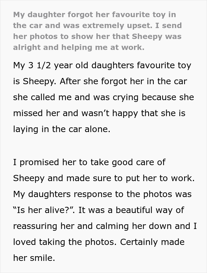 Wholesome Story Of A Dad Taking His Daughter&rsquo;s Favorite Toy To Work After She Left It In The Car