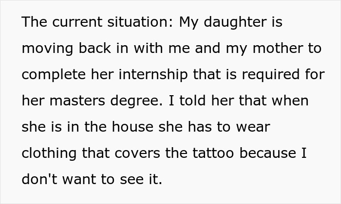 Text about a mom giving her daughter an ultimatum related to covering a tattoo at home. Text about a mom giving her daughter an ultimatum related to covering a tattoo at home.