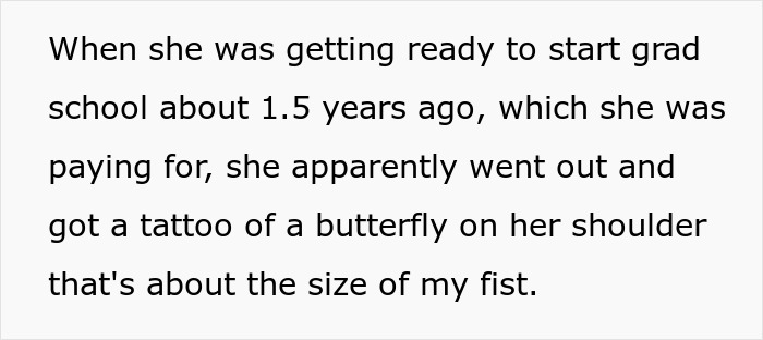 Text about a mom's reaction to her daughter's butterfly tattoo on her shoulder before grad school. Text about a mom's reaction to her daughter's butterfly tattoo on her shoulder before grad school.