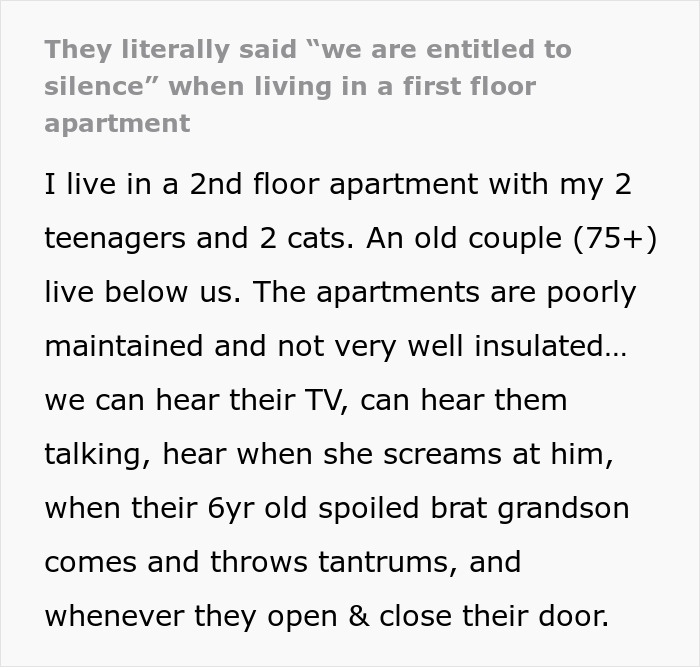 Ultra-Sensitive Elderly Couple Go Berserk Every Time Their Upstairs Neighbor Makes A Noise, To The Point Of Calling Cops Over A Microwave