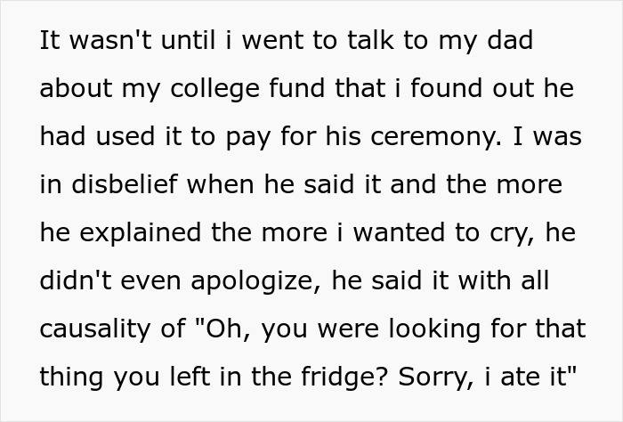 Dad Promises His Daughter College Fund, Ends Up Spending All The Money On His Wedding, Is Offended After Daughter Cuts Ties With Him Dad Promises His Daughter College Fund, Ends Up Spending All The Money On His Wedding, Is Offended After Daughter Cuts Ties With Him