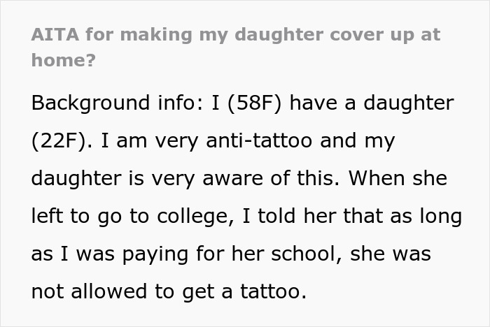 Text conversation about a mom giving her daughter an ultimatum over a tattoo. Text conversation about a mom giving her daughter an ultimatum over a tattoo.
