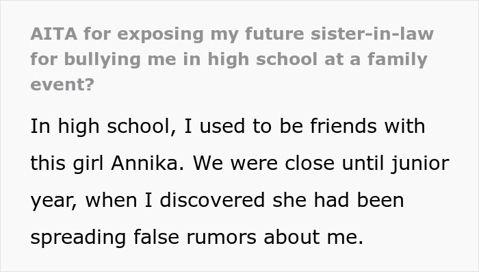 Brother Introducing His Fianc&eacute;e At A Family Event Takes A Turn When His Sister Recognizes Her High School Bully And Sheds Light On Her Past