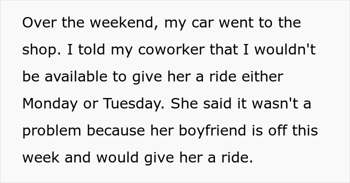 Woman Loses A Free Ride To Work After 14 Months By Asking Coworker To Pay For Their Lift Instead Of Returning The Favor
