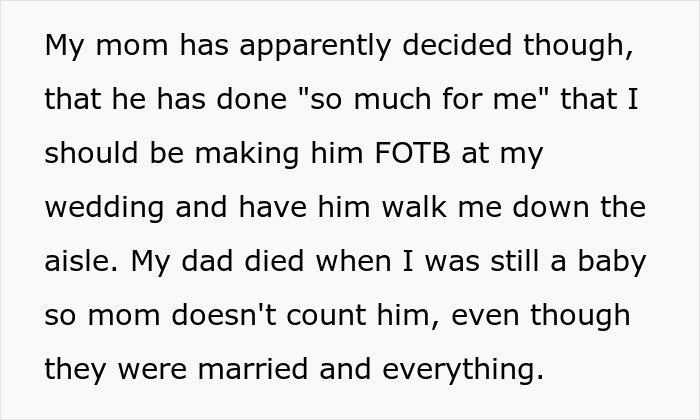 Mom Gets Mad Over Daughter's Refusal To Let Stepdad Walk Her Down The Aisle